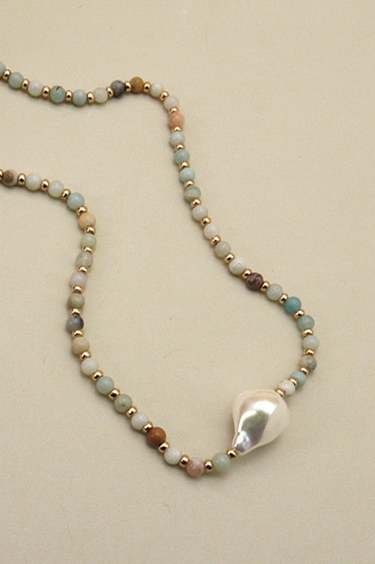 Natural Stone Bead Necklace With Pearl Necklace & Earring Set
