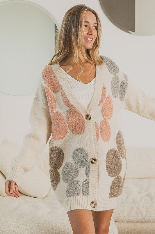 Multi Color Flower Pattern Sweater Knit Long Cardigan