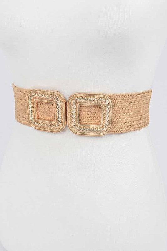 Iconic Square Buckle Elastic Faux Straw Belt