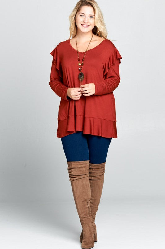 2X, 3X - V-Neck Long Sleeve Jersey & Peplum Detail Top - Rust