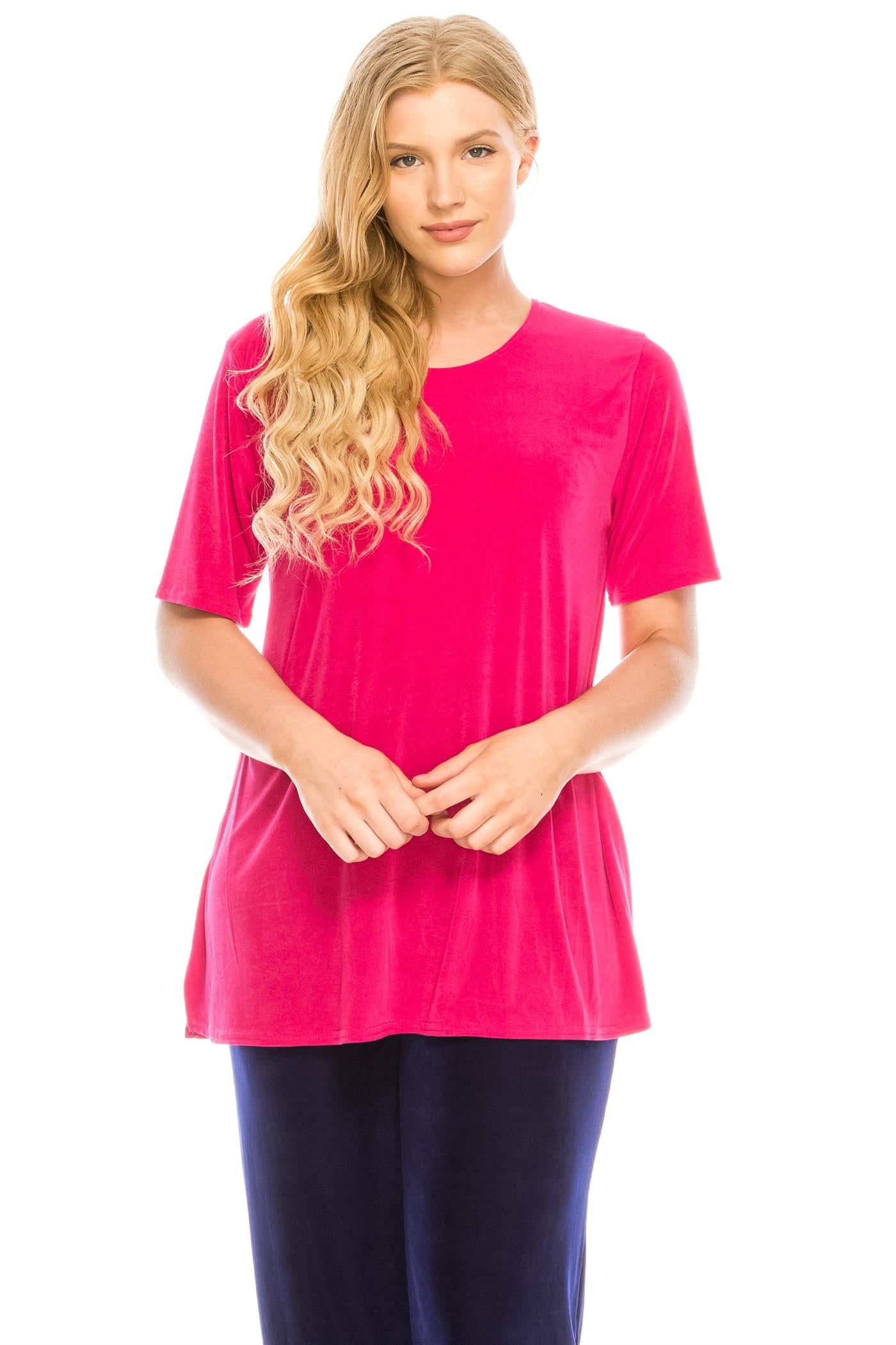 90% polyester / 10% spandex  Look as sharp as ever in this round neck short sleeve top - no wrinkles, no fuss! Its lightweight fabric is designed to keep you feeling comfortable and stylish all day long. Take on the world in confidence!  Hand or machine wash in cold water.  Made in U.S.A