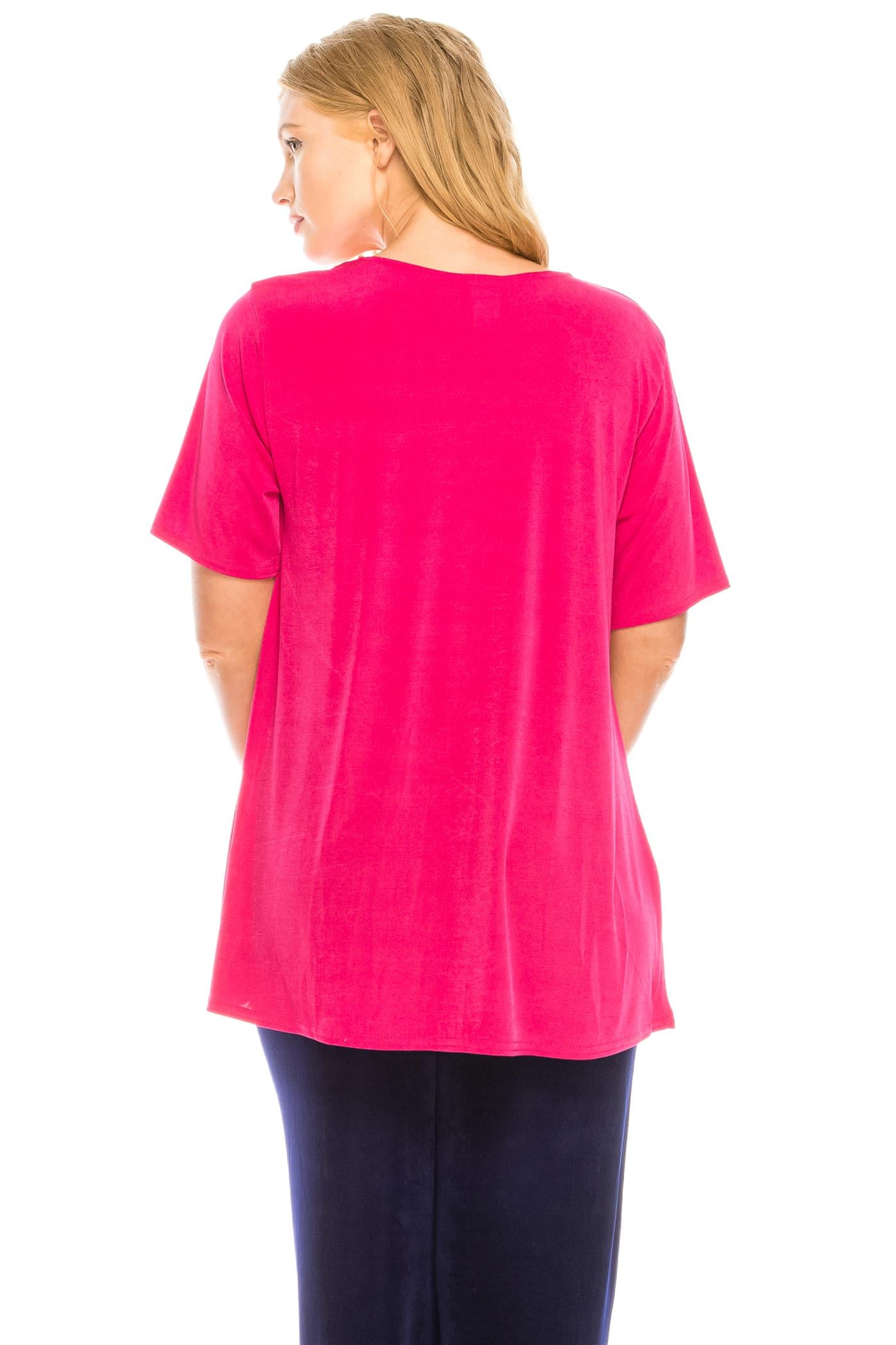 90% polyester / 10% spandex  Look as sharp as ever in this round neck short sleeve top - no wrinkles, no fuss! Its lightweight fabric is designed to keep you feeling comfortable and stylish all day long. Take on the world in confidence!  Hand or machine wash in cold water.  Made in U.S.A