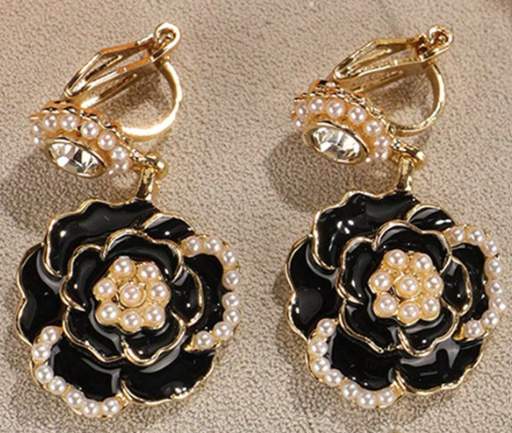 Faux Pearl & Rhinestone Drop Flower Clip On Earrings