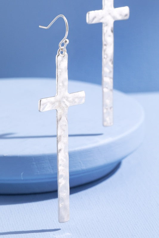 Hammered Metal Cross Earrings - Silver