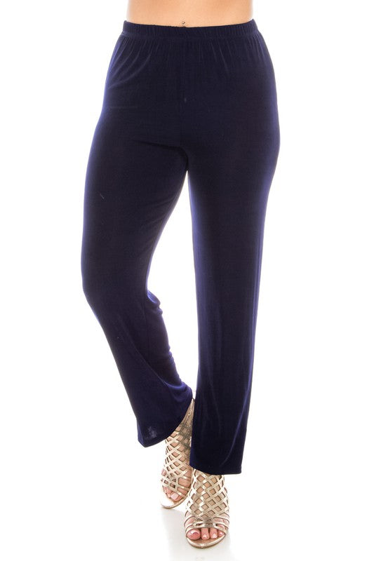 90% polyester / 10% spandex  For those who lean toward the 'unfitted' side- these beauties are just the ticket! Elastic in the waist, but don't let that stop you from lookin' fancy- they got the shimmer for all your dressier do's!  Hand or machine wash in cold water.  Made in USA