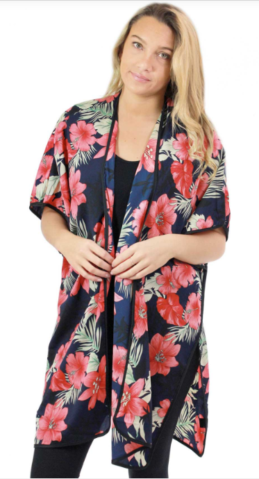 Polyester

This lively kimono duster boasts a colorful bright fuchsia tropical print, open front, half sleeves, relaxed drape kimono on a navy blue background that effortlessly complements every woman’s style!

Fits S-2X 40" Length