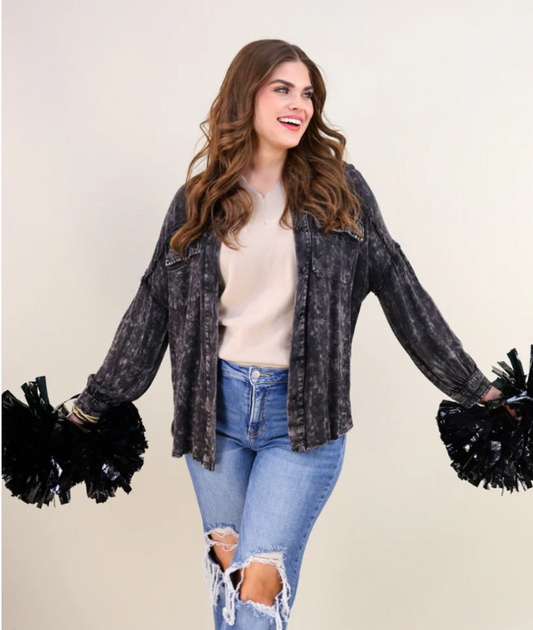 100% rayon

Stay casual but chic in this fashionable acid washed colored top featuring soft lightweight material, a button up front with a collared neckline, long loose sleeves with button closure cuffs, two oversized accent chest pockets, and a slouched silhouette that falls into a rounded hemline!

Fit is oversized.