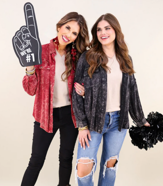 100% rayon

Stay casual but chic in this fashionable acid washed colored top featuring soft lightweight material, a button up front with a collared neckline, long loose sleeves with button closure cuffs, two oversized accent chest pockets, and a slouched silhouette that falls into a rounded hemline!

Fit is oversized.