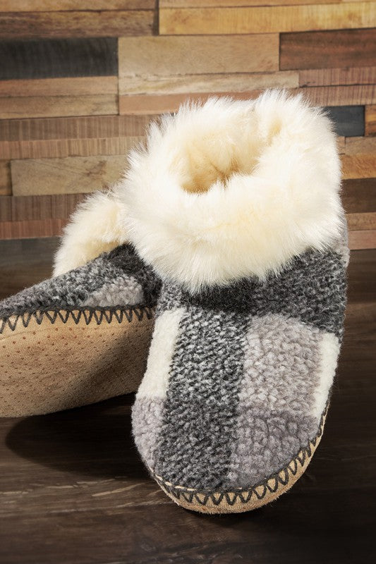 Lining:100% polyester Out-sole: 100% polyester  Cozy doesn't get any cozier than these faux furrrry slippers with non-skid bottoms. The lining adds another layer of ahhhh as you lounge around home in style and comfort.  Sizing: S/M: shoe size 6-7 L/XL: shoe size 8-10