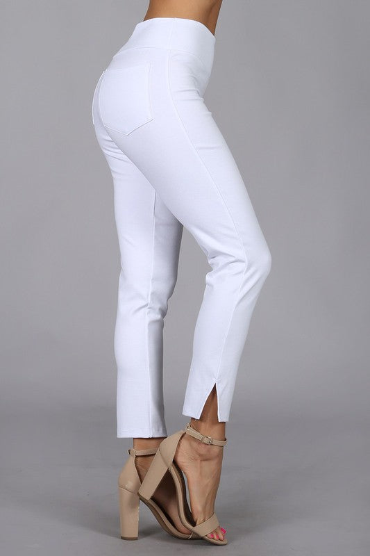Cropped Capri Pants With Side Ankle Slit - White