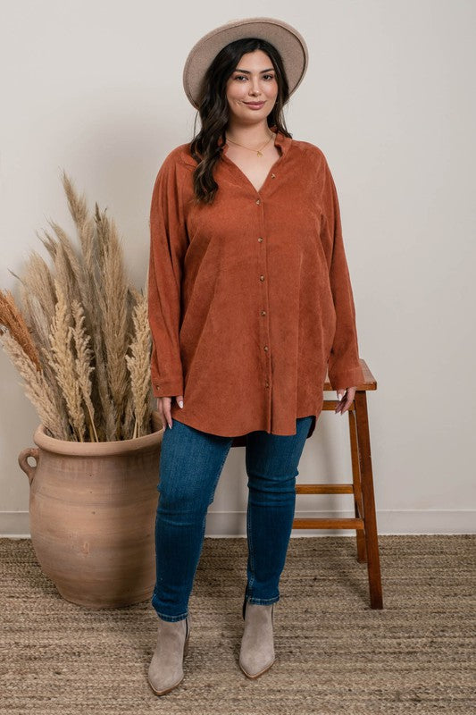 https://splashofpearl.com/products/raglan-sleeve-baby-cord-top  98% polyester / 2% spandex Take a look at the top that'll become your go-to! Wear it buttoned up or undone with a tank underneath, or spice it up with a belt and some leggings. The mandarin collar dips down in a flattering V-neck, making this the perfect piece for any season! Talk about versatile!
