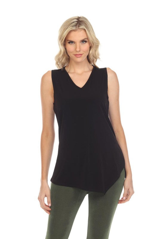 94% Poly / 6% Spandex  Elevate your wardrobe with this exquisite Pointed Hem No Wrinkle V-Neck Tank, designed for those who enjoy a sleek, timeless silhouette. Crafted with a wrinkle-free fabric and delicate pointed hem, this V-neck tank is sure to refine your elevated style.  Hand or machine wash in cold water.  Made in U.S.A