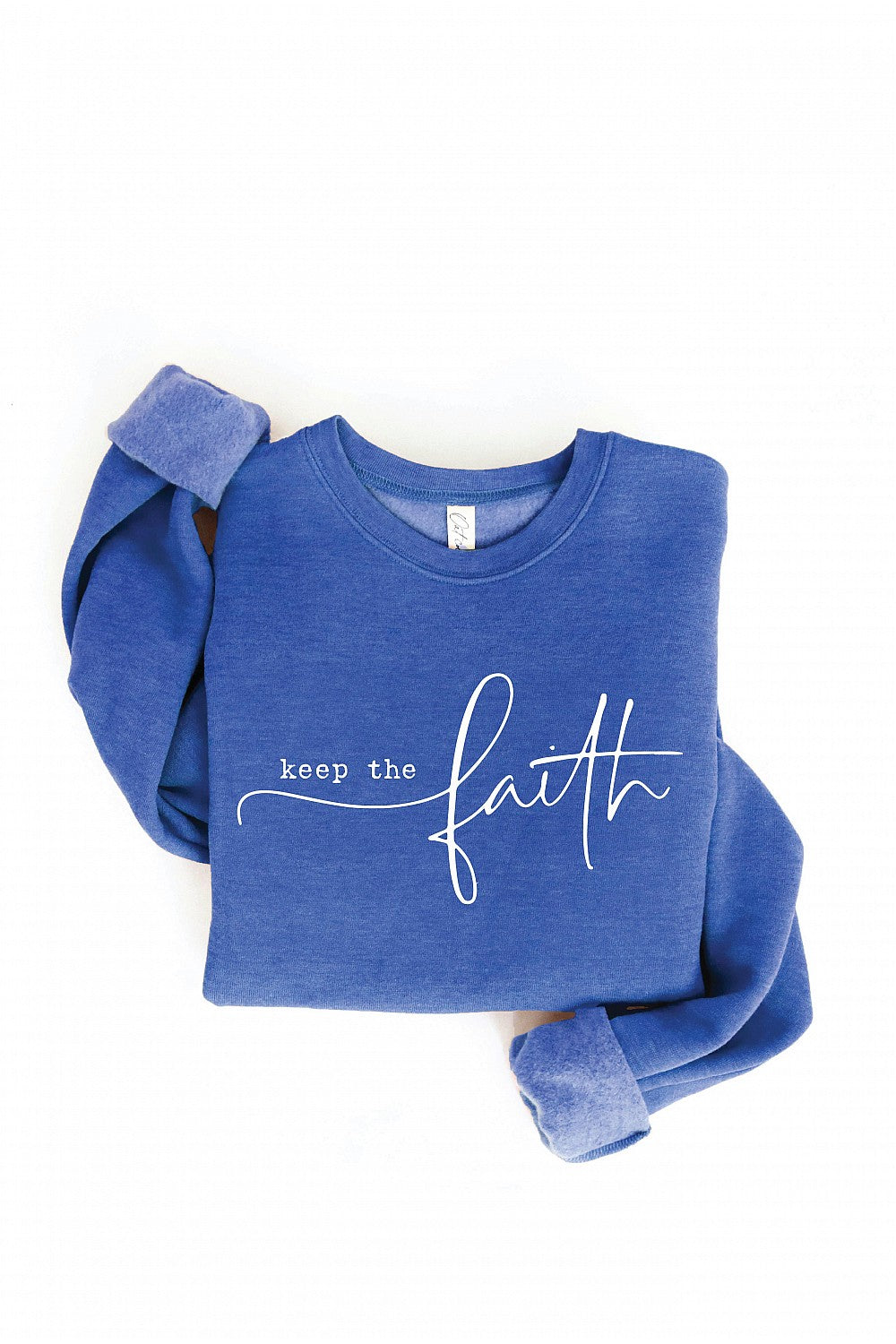  52% cotton / 40% polyester / 8% rayon  Keep The Faith- this gorgeous royal blue top is a favorite mantra of many! This ultra comfy fleecy pullover features a ribbed cuff & crew neck, it's great for layering or rocking solo. Psst: Check the size guide on the chest for the perfect fit.