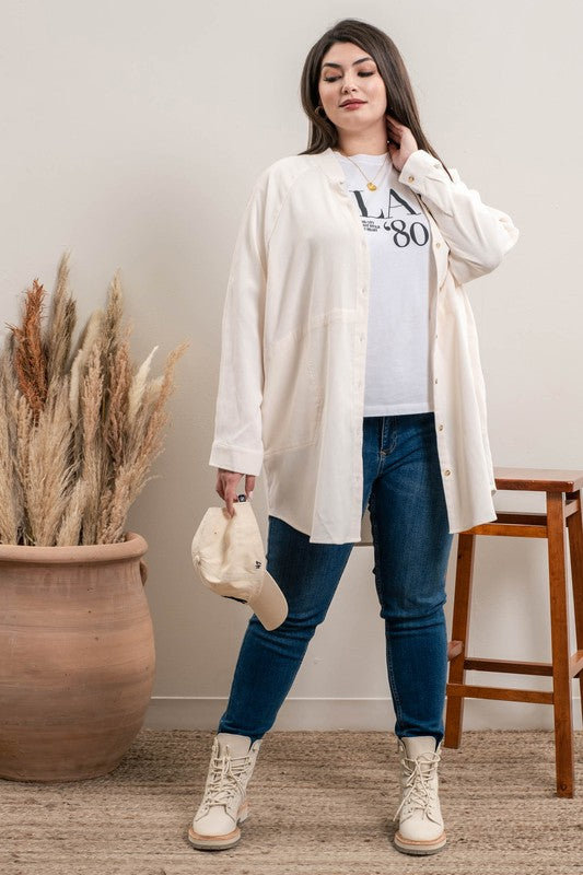 https://splashofpearl.com/products/raglan-sleeve-baby-cord-top  98% polyester / 2% spandex Take a look at the top that'll become your go-to! Wear it buttoned up or undone with a tank underneath, or spice it up with a belt and some leggings. The mandarin collar dips down in a flattering V-neck, making this the perfect piece for any season! Talk about versatile!