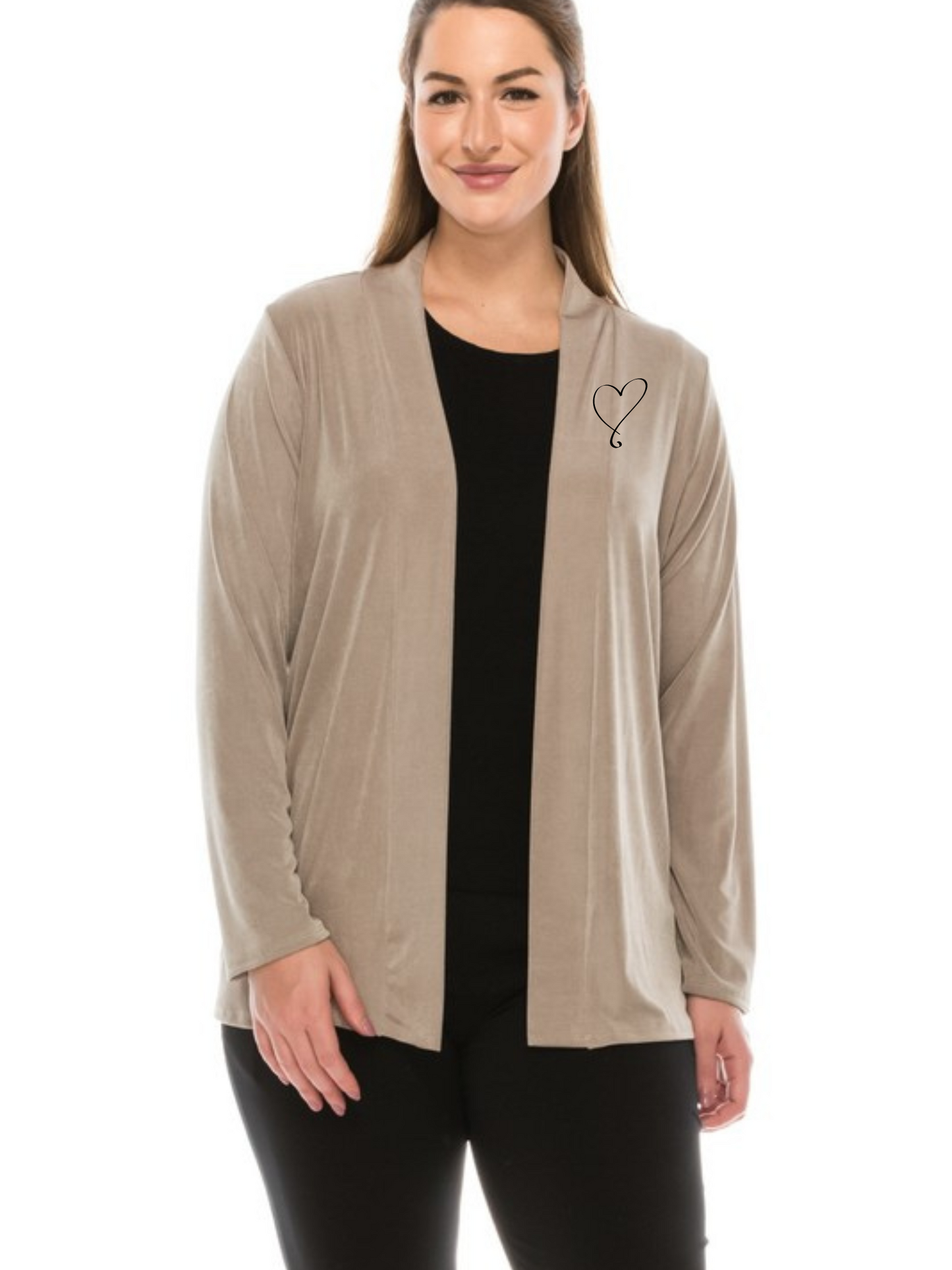 90% polyester / 10% spandex Classy looking long sleeve cardigan style jacket in the comfy soft category weighing heavy on your list of MUST HAVE ONE'S! Made in USA