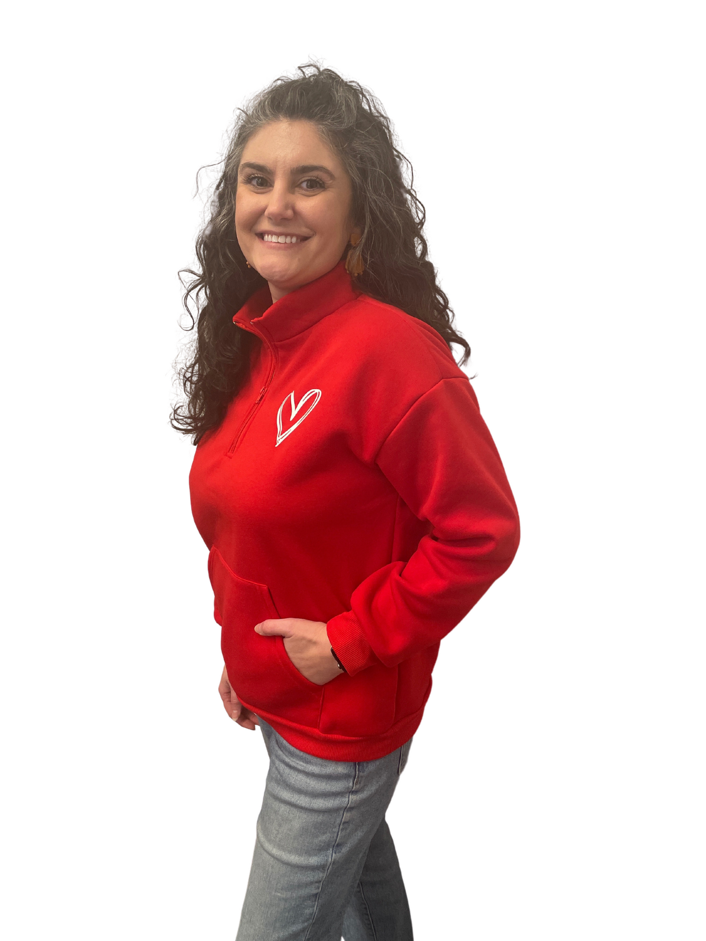 100% Polyester  Get ready to fall in love with this sweatshirt! The bold red color and half zip front adorned with a playful scribble heart adds that special touch touch to your wardrobe. It's a must-have for all seasons!