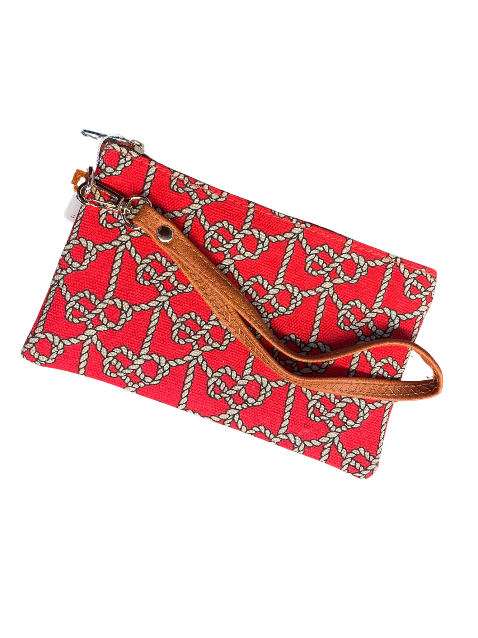 100% Polyester  Nautical theme wristlet with a tied rope design. This little cutie is fully lined with a zipper closure and wristlet handle.  APPROX. L 5" W 8" Wristlet L 9.5 "