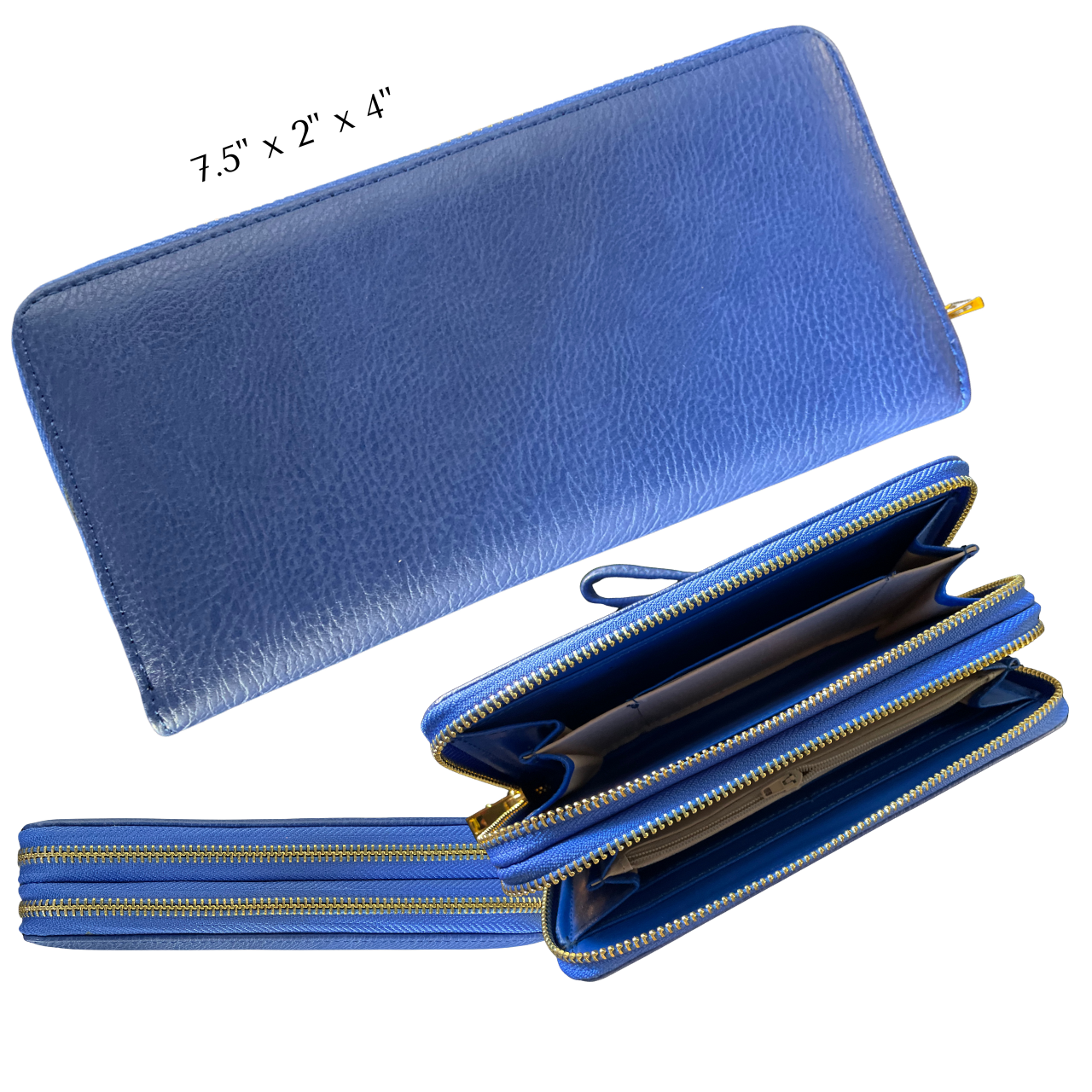 Blue wallet with open zipper section on a white background