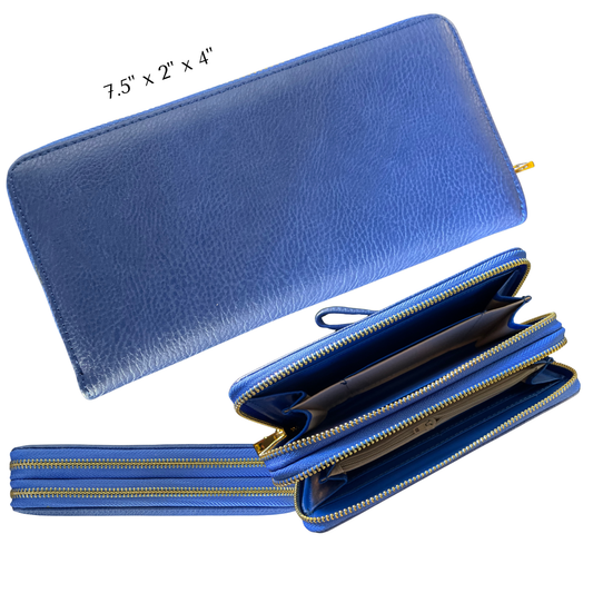 Blue wallet with open zipper section on a white background