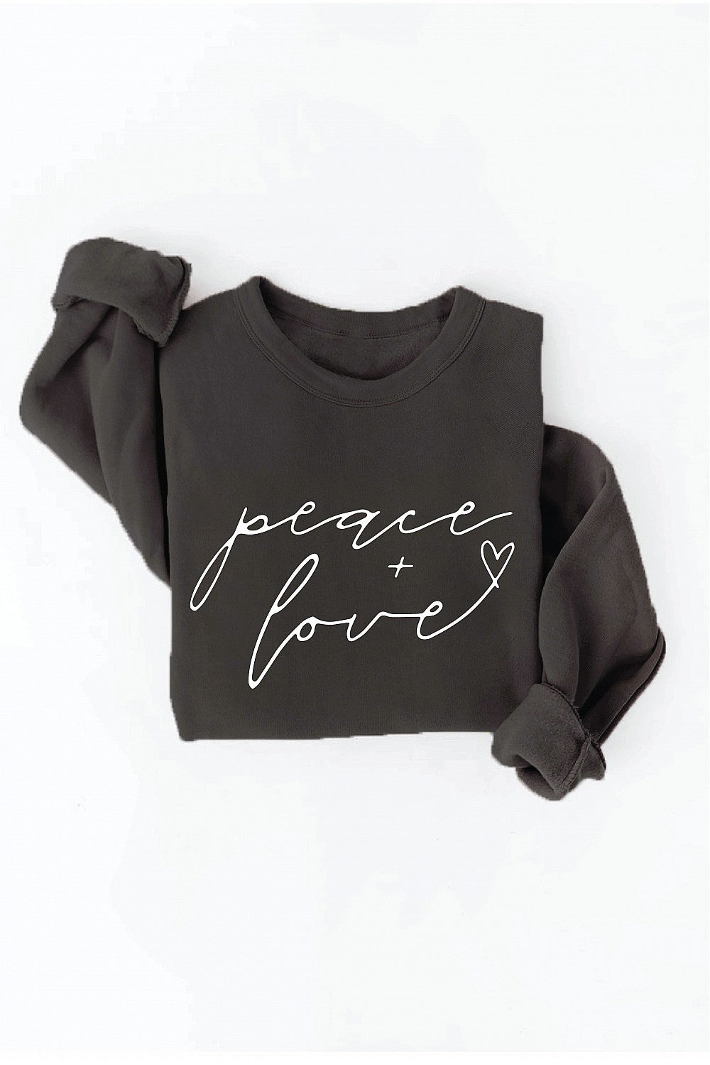  52% cotton / 40% polyester / 8% rayon  Peace & Love-spread the love with this ultra comfy fleecy pullover! Featuring a ribbed cuff & crew neck, it's great for layering or rocking solo. Psst: Check the size guide on the chest for the perfect fit.