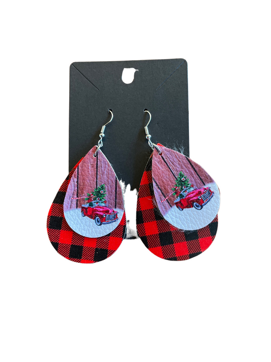 Buffalo Plaid With Red Truck 2 Layer Earrings