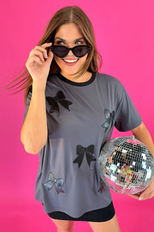 Faux Leather Bow Oversized Tee - Gray