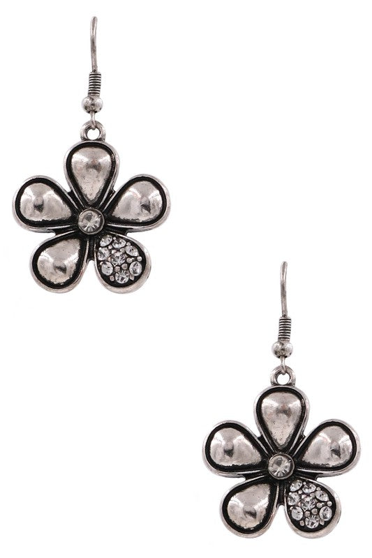 Metal Daisy Floral and Rhinestone Earrings