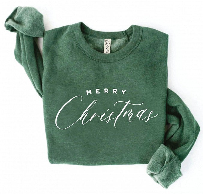 Green sweatshirt with 'Merry Christmas' text on a white background