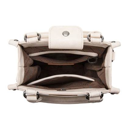 Open beige handbag with a white interior on a white background