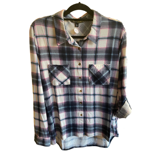 Buffalo Plaid Top With Side Buttons - Navy/Blush