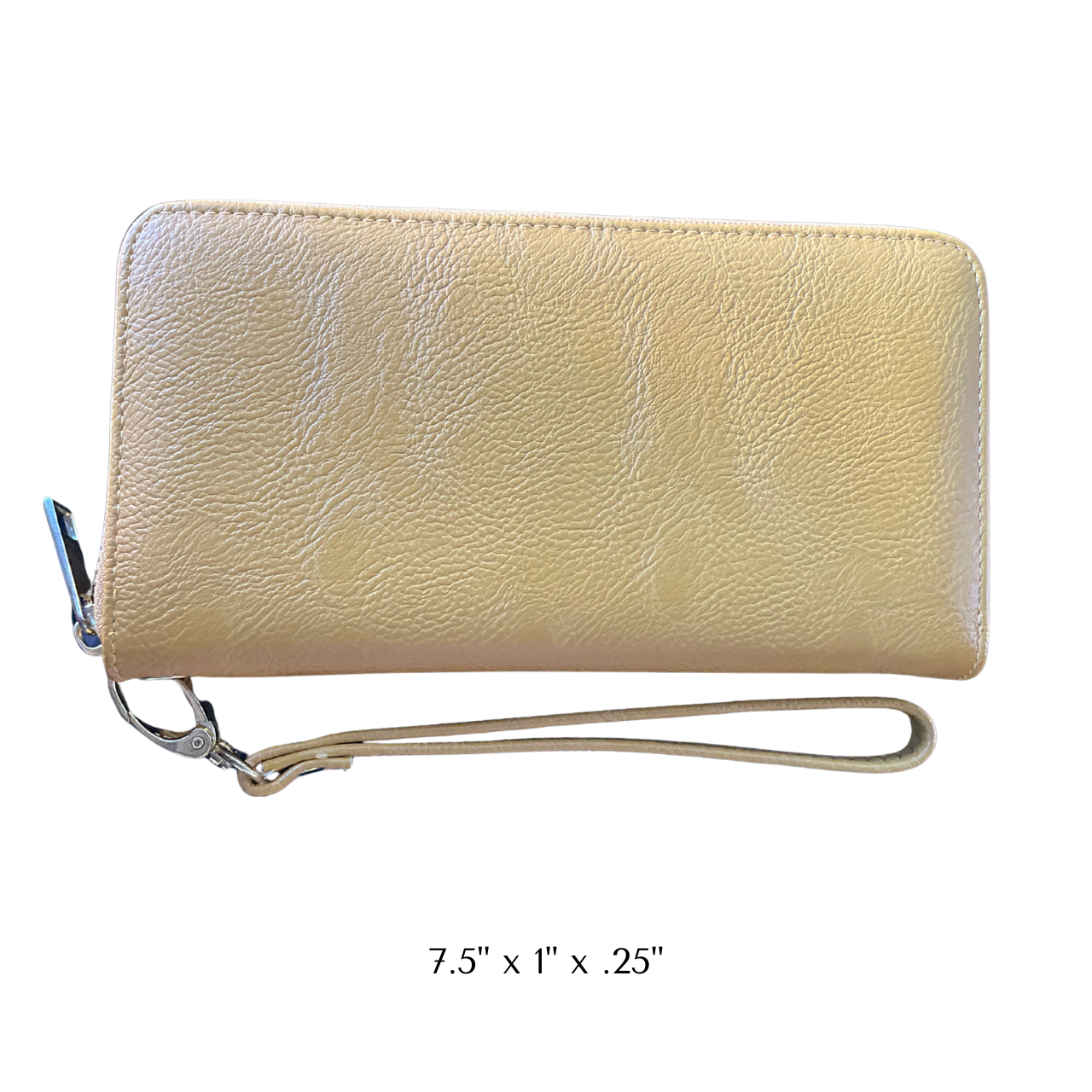 Beige wallet with a wrist strap on a white background