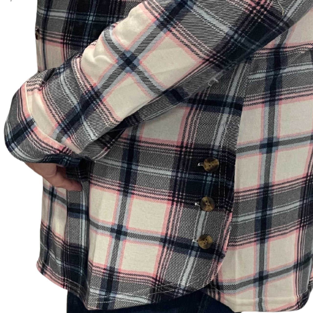 Buffalo Plaid Top With Side Buttons - Navy/Blush