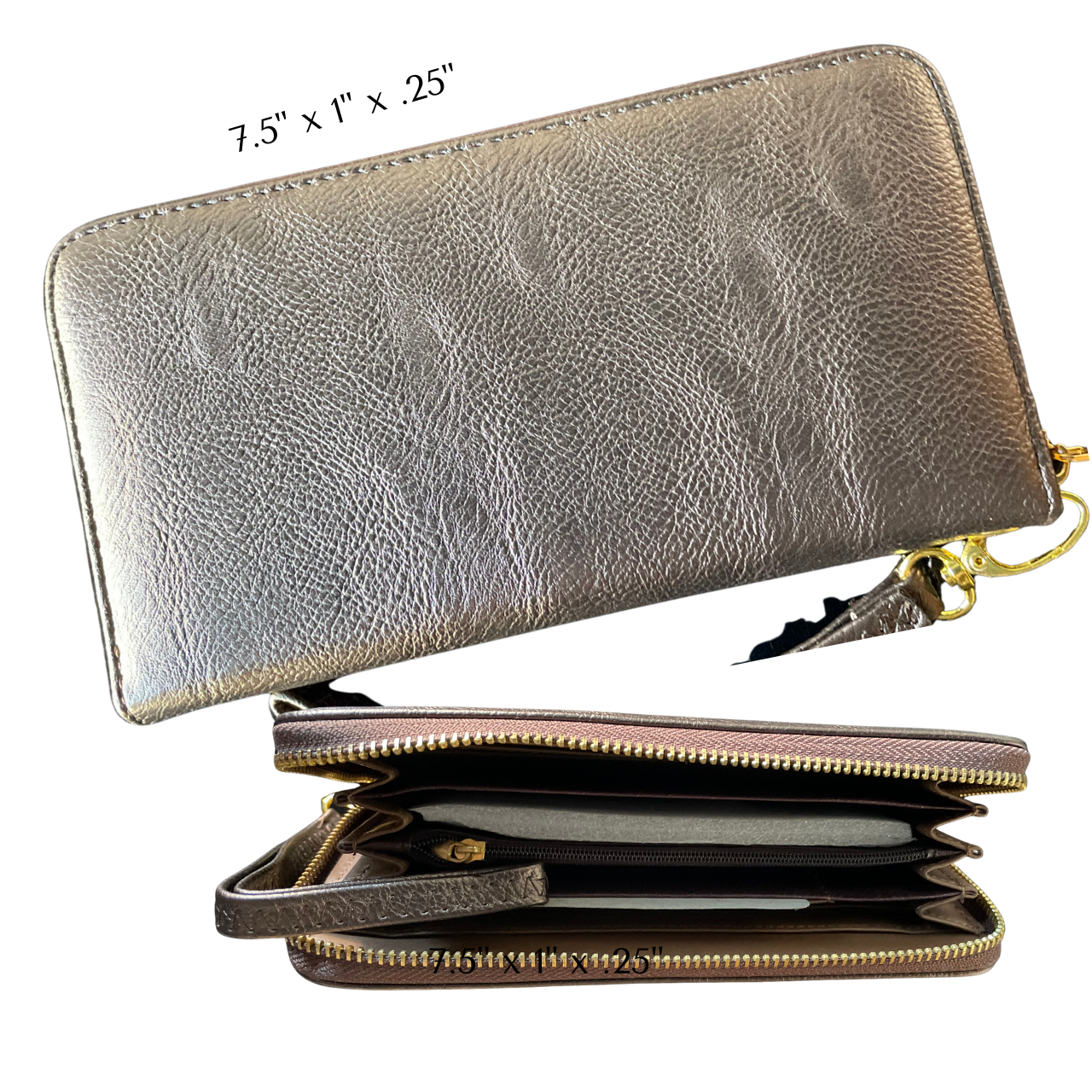 Gold wallet with open view showing card slots on a white background