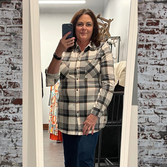 Buffalo Plaid Top With Side Buttons - Navy/Rust