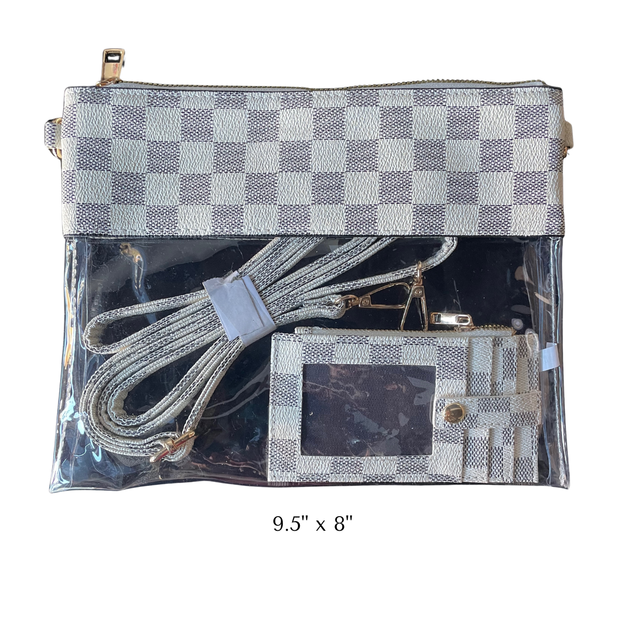 Checkered pouch with clear window showing contents on a white background