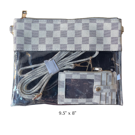 Checkered pouch with clear window showing contents on a white background