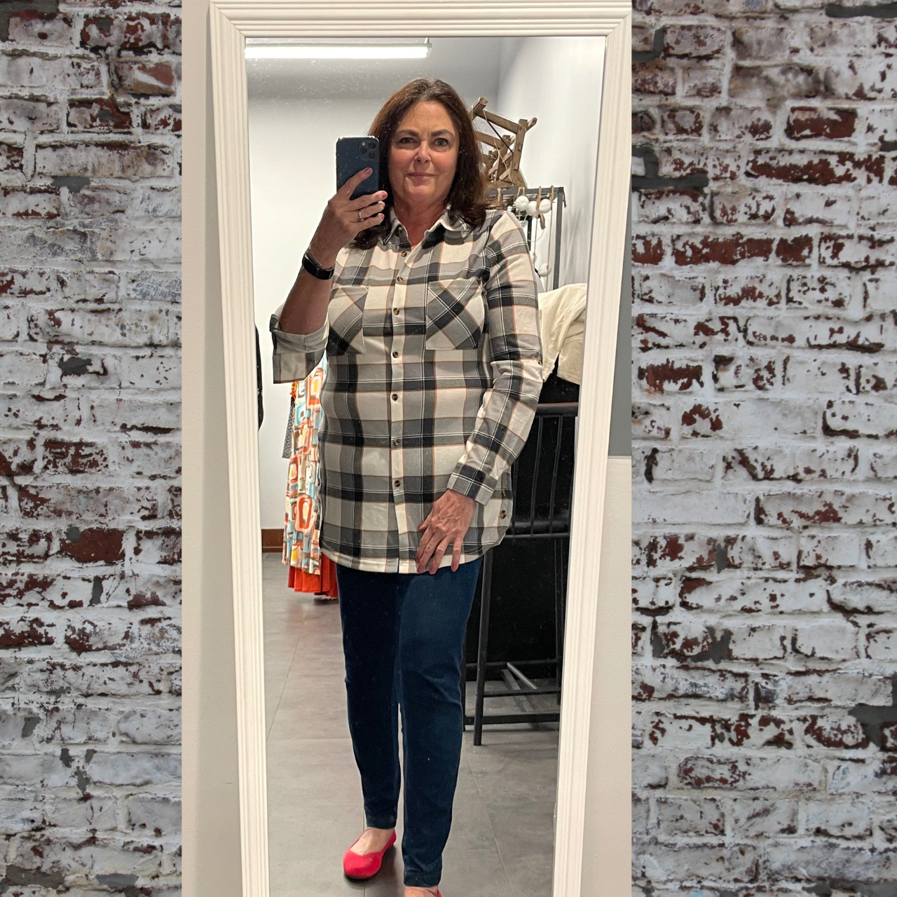 Buffalo Plaid Top With Side Buttons - Navy/Blush