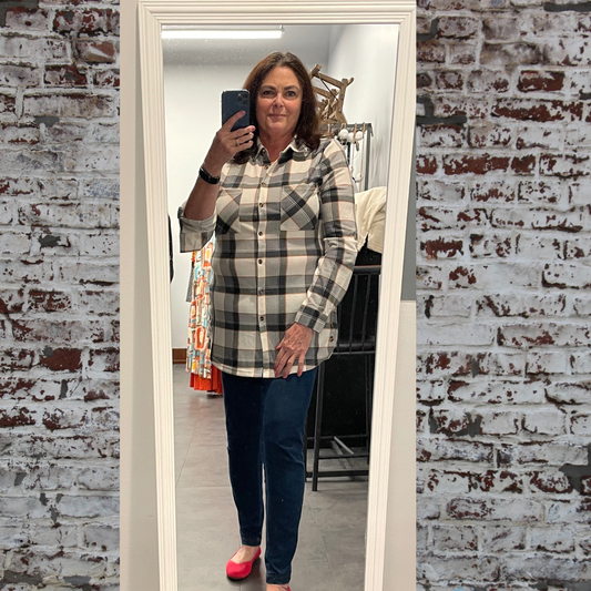 Buffalo Plaid Top With Side Buttons - Navy/Blush