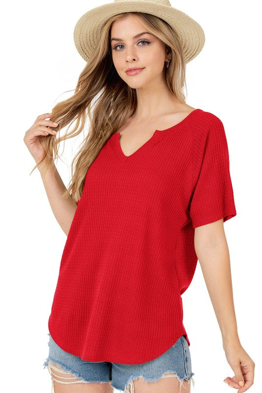 Slit Neck Short Sleeve Waffle Fabric Top