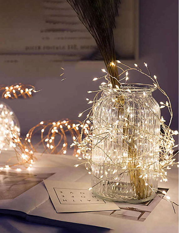 Fun little burst of light string! Lights are on a metal strand making it easily moldable to whatever decor you want to 'high'light! Needs 3 AA batteries to operate, not included