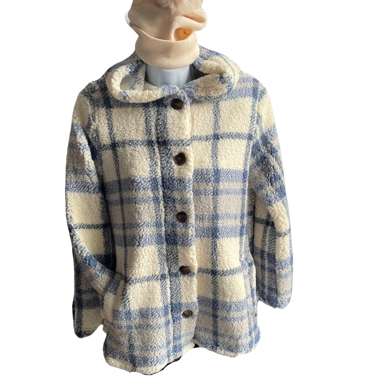 100% polyester

Get ready to swoon over this long sleeve plaid sherpa button-up jacket - it's perfect for snuggling up in and even has pockets!
Machine wash.