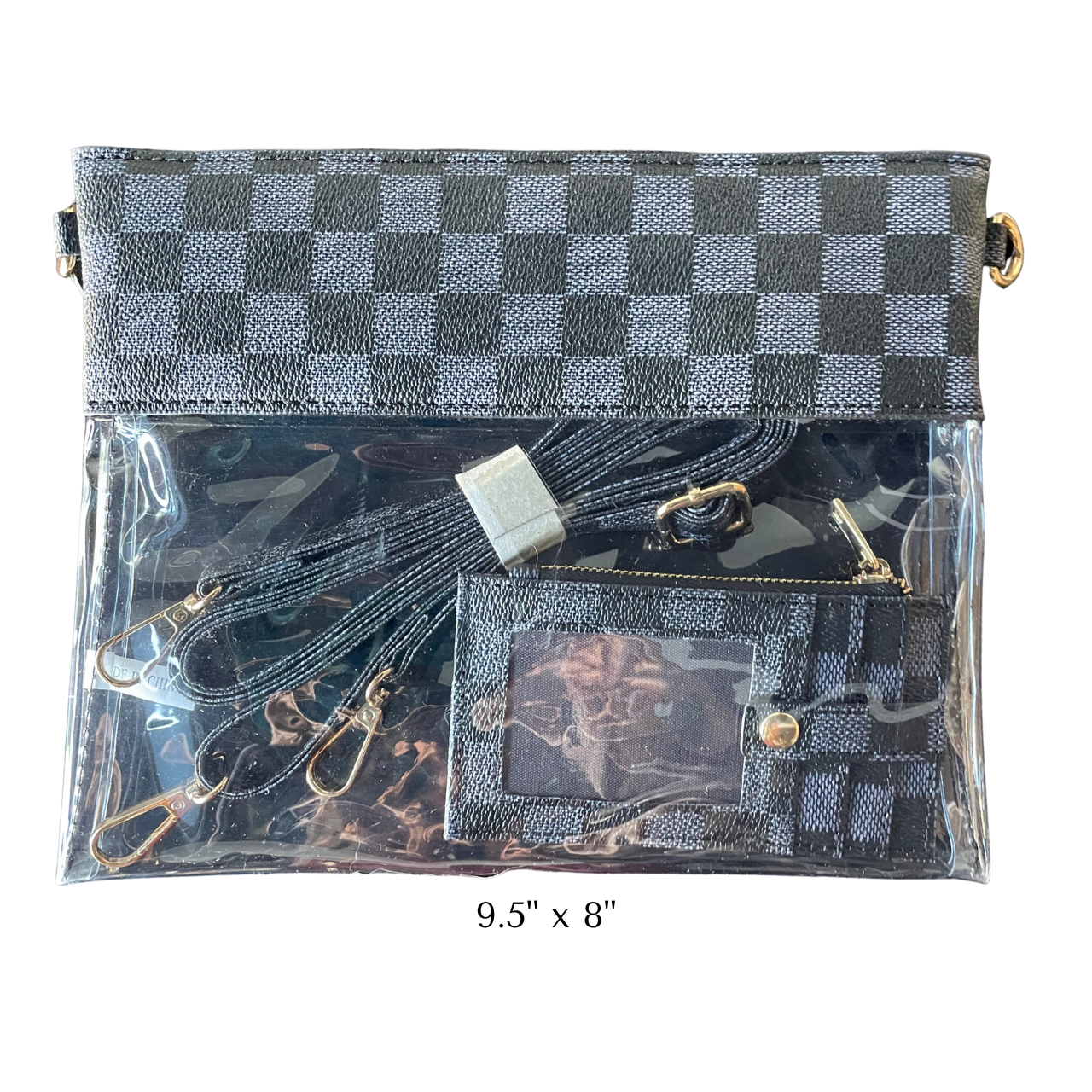 Checkered pouch with clear window, lanyard, and card holder on a white background