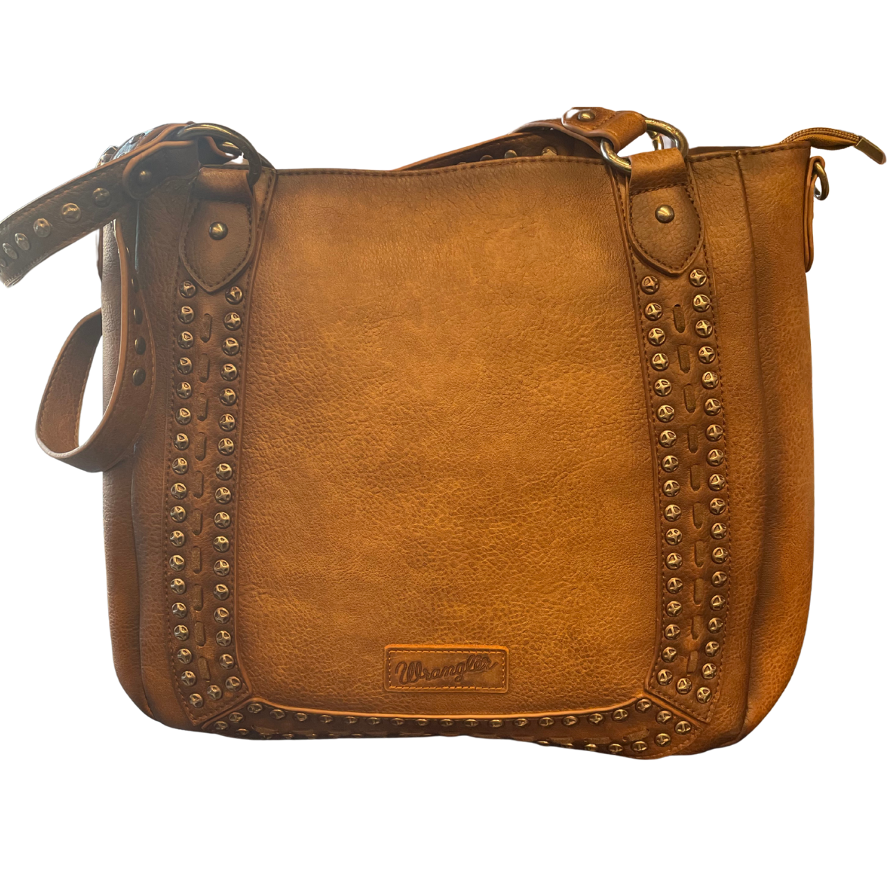 Brown leather handbag with studded details on a white background