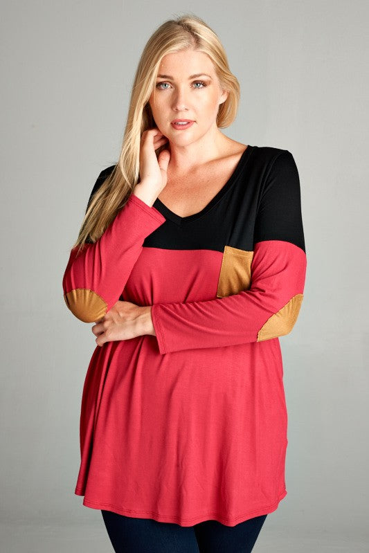 V-Neck Long Sleeve Tunic Top With Suede Detail - Red