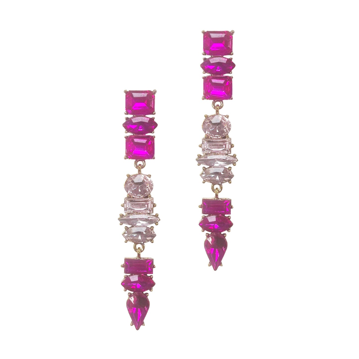 The design of these earrings adds a touch of contemporary elegance, while the fuchsia crystals add a pop of color and timeless charm. Whether you're attending a gala, a wedding, or a special celebration, these Fuchsia Cascade Crystal Drop Earrings enhance your elegance and captivate onlookers.