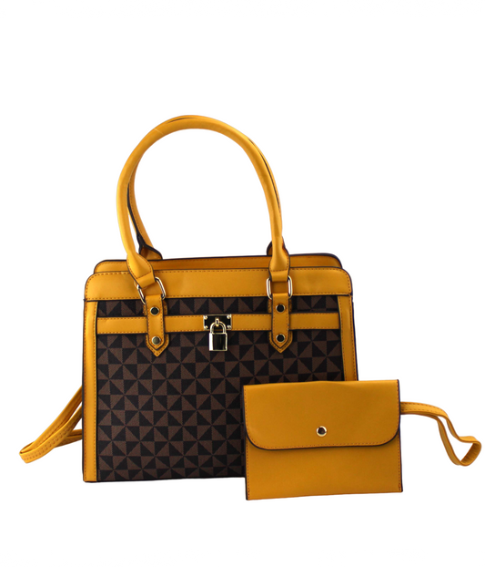 Yellow handbag with geometric pattern and matching pouch on a white background