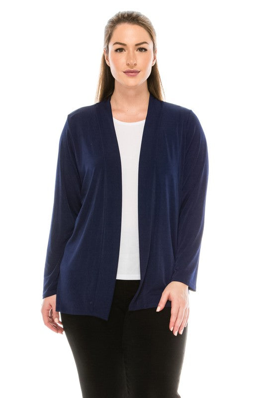 90% polyester / 10% spandex  Classy looking long sleeve cardigan style jacket in the comfy soft category weighing heavy on your list of MUST HAVE ONE'S!  Made in USA