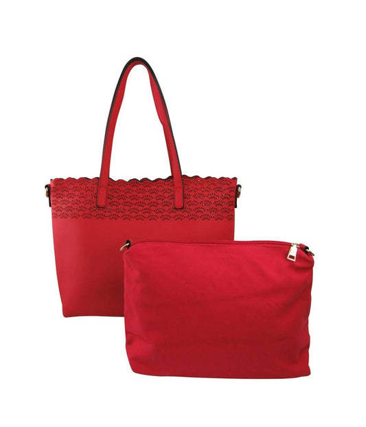 Red tote bag with lace detail and matching pouch on a white background