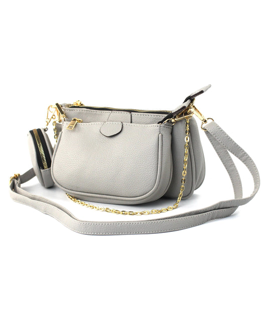 Gray handbag with gold chain detail on a white background
