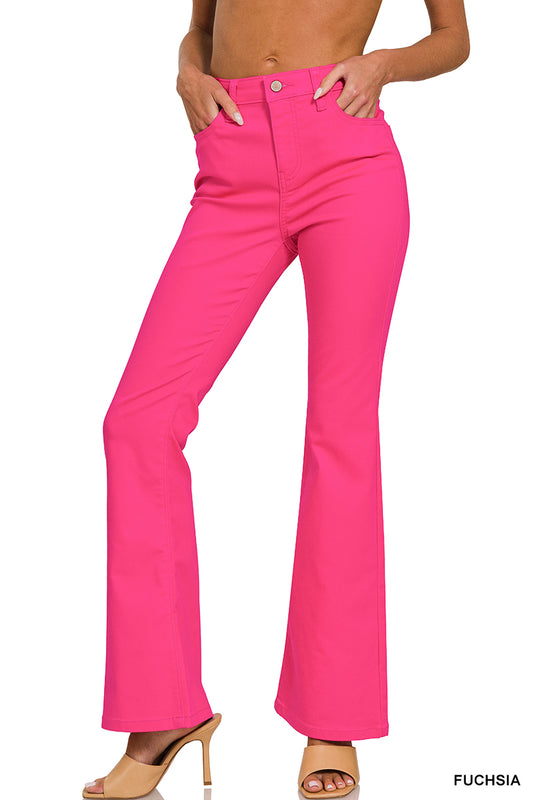 <p>58% cotton / 39% polyester / 3% spandex</p> <p>Get ready for work and play with these bootcut jeans in fashionable fuchsia! With 5 pockets, a soft touch, and all-day stretch, you'll be comfortable and stylish at the same time.</p> <p>Size: Front rise 10.5" / 32" inseam / 21" leg opening (all approx.)</p>